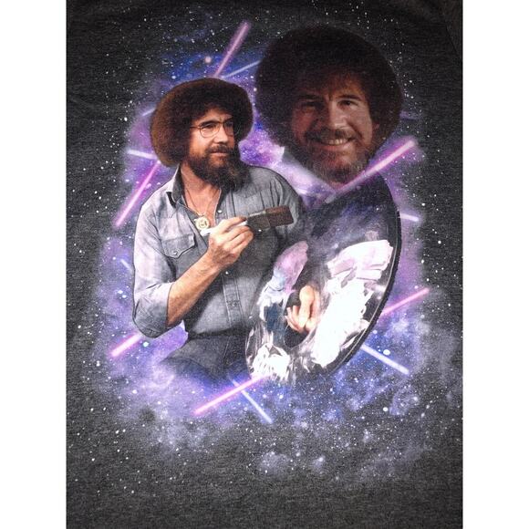 Bob Ross T Shirt Size S Dark Gray Galaxy Themed Purple Light Saber Unisex - Picture 2 of 5